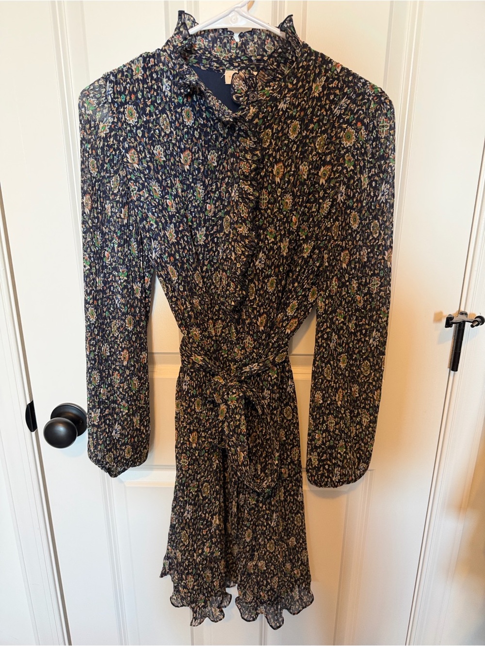 Tory Burch Black Floral Long-Sleeve Ruffle Tie-Waist Dress